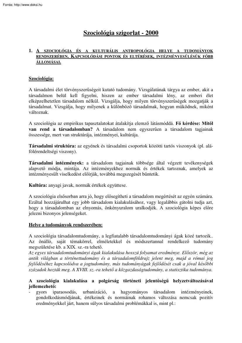 Szociológia szigorlat, 2000