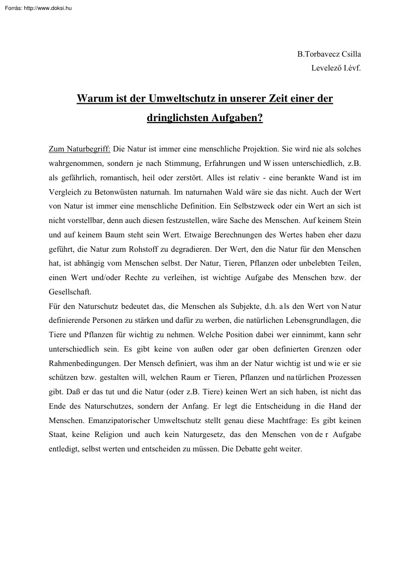 B.Torbavecz Csilla - Warum ist der Umweltschutz in unserer Zeit einer der dringlichsten Aufgaben