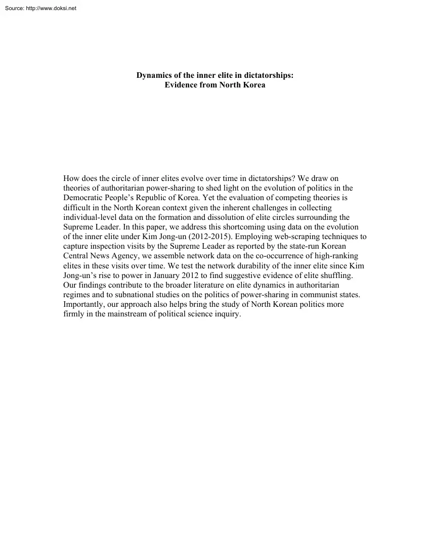 Dynamics of the Inner Elite in Dictatorships, Evidence from North Korea
