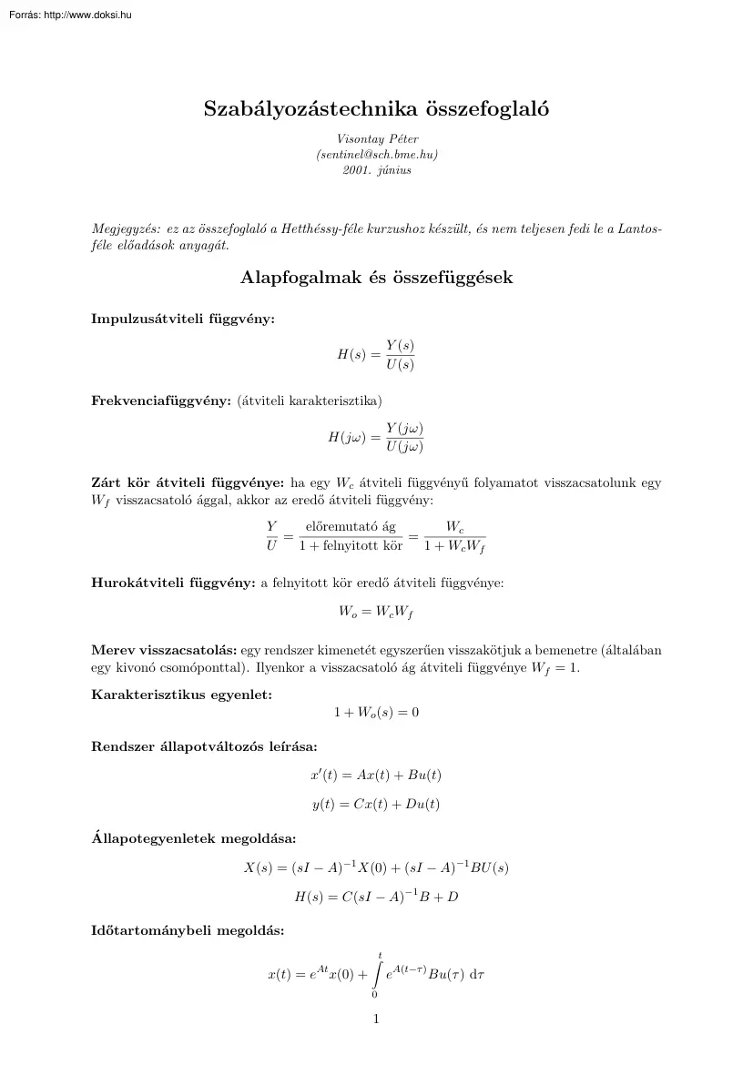 Visontay Péter - Szabályozástechnika összefoglaló