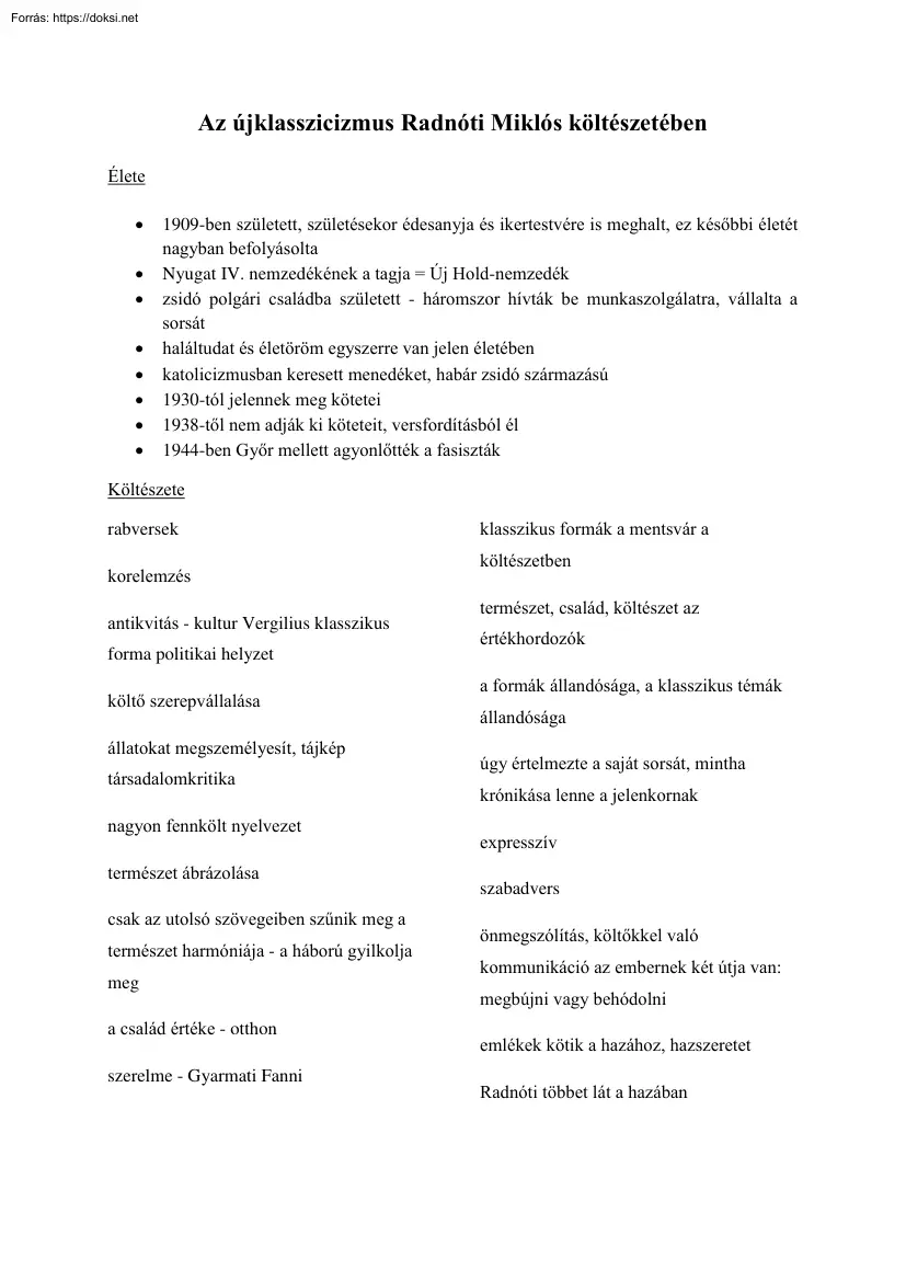 Az újklasszicizmus Radnóti Miklós költészetében