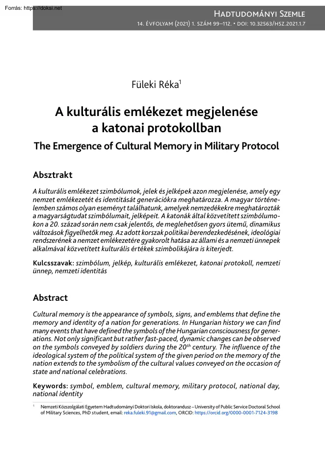 Füleki Réka - A kulturális emlékezet megjelenése a katonai protokollban