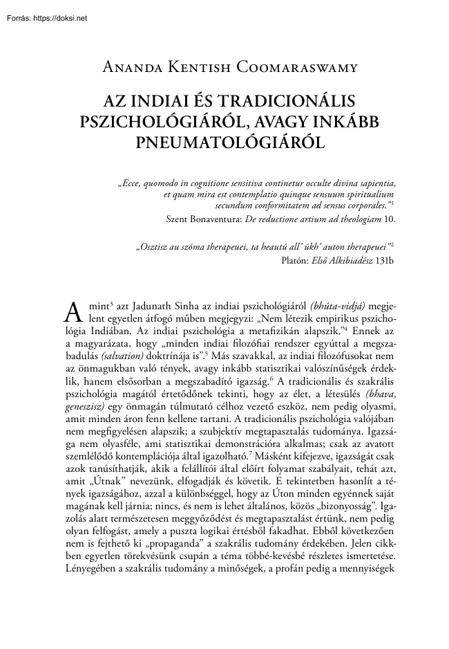 Ananda Kentish Coomaraswamy - Az indiai és tradicionális pszichológiáról, avagy inkább pneumatológiáról