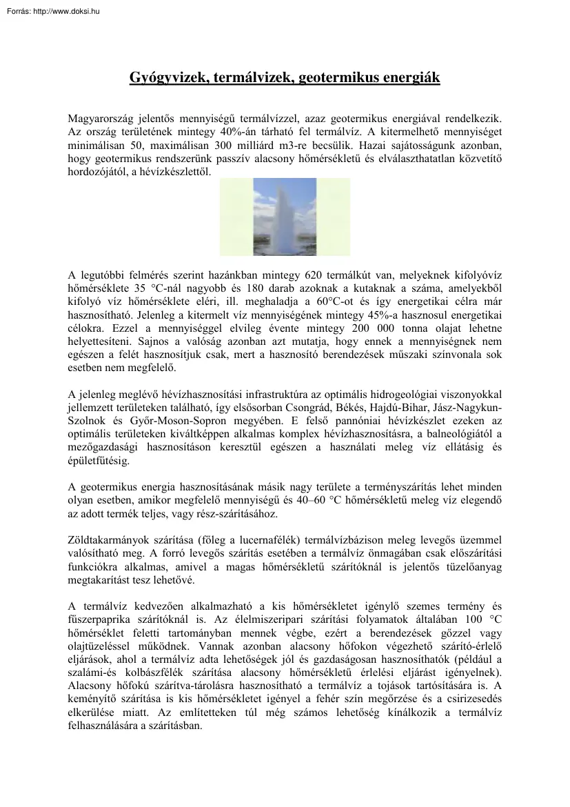 Gyógyvizek, termálvizek, geotermikus energiák