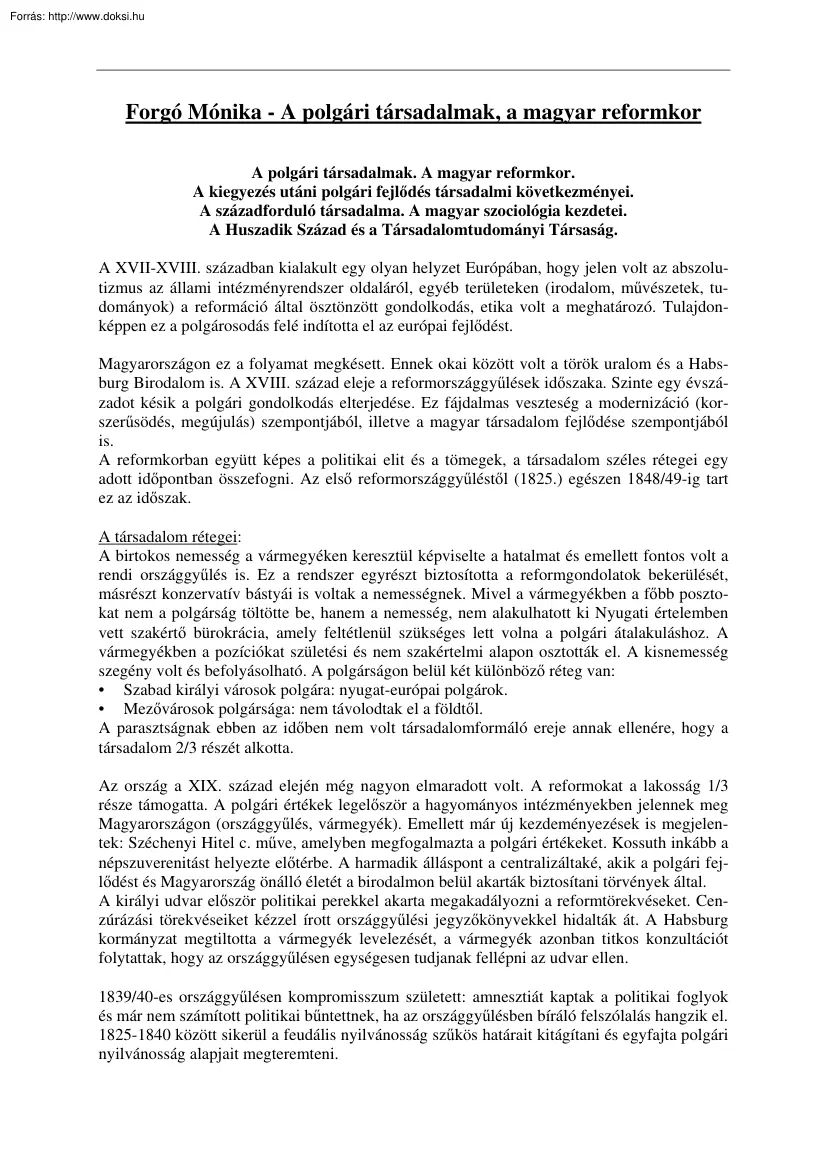 Forgó Mónika - A polgári társadalmak, a magyar reformkor