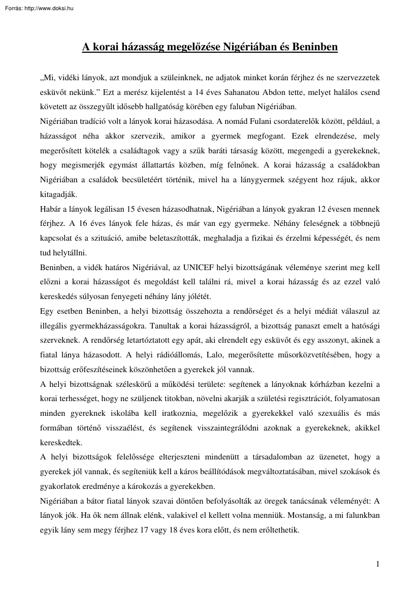 A korai házasság megelőzése Nigériában és Beninben (Preventing early marriage in Niger and