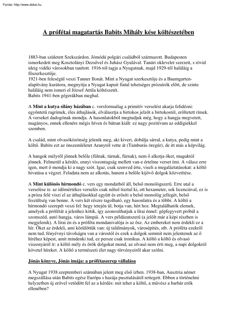 A prófétai magatartás Babits Mihály kései költészetében