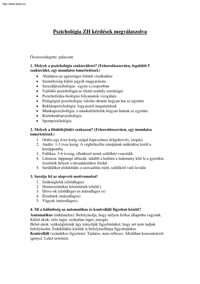 Pszichológia ZH kérdések megválaszolva