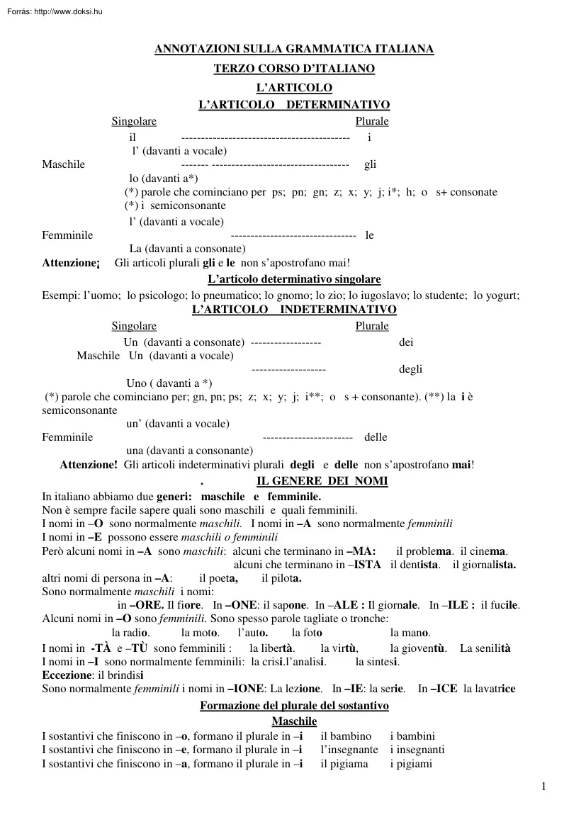 Annotazioni sulla grammatica Italiana