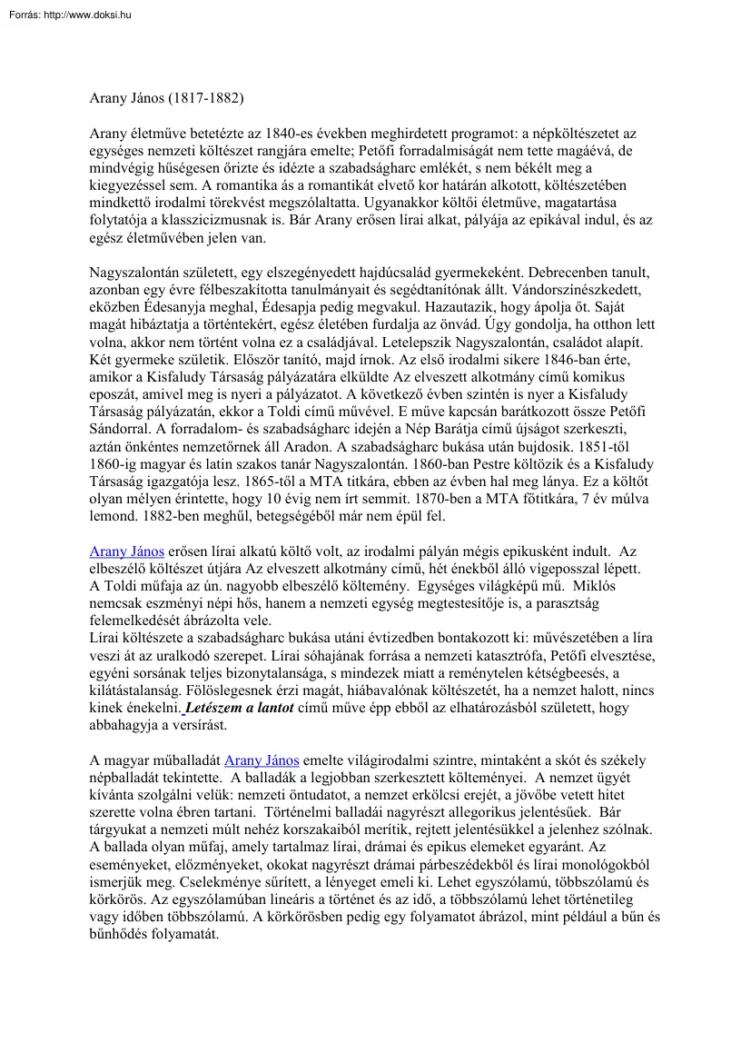 Arany János - Nagykőrösi évek alkotásai