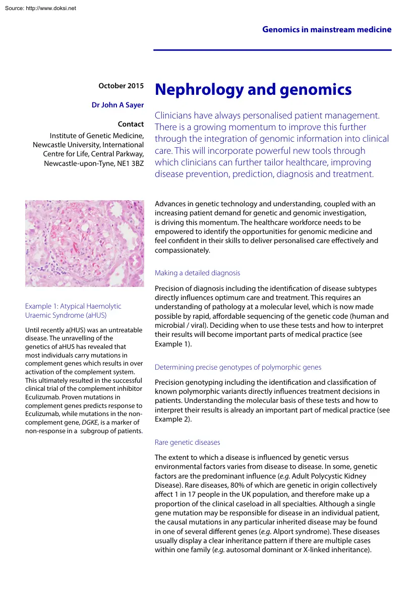 Dr John A Sayer - Nephrology and Genomics