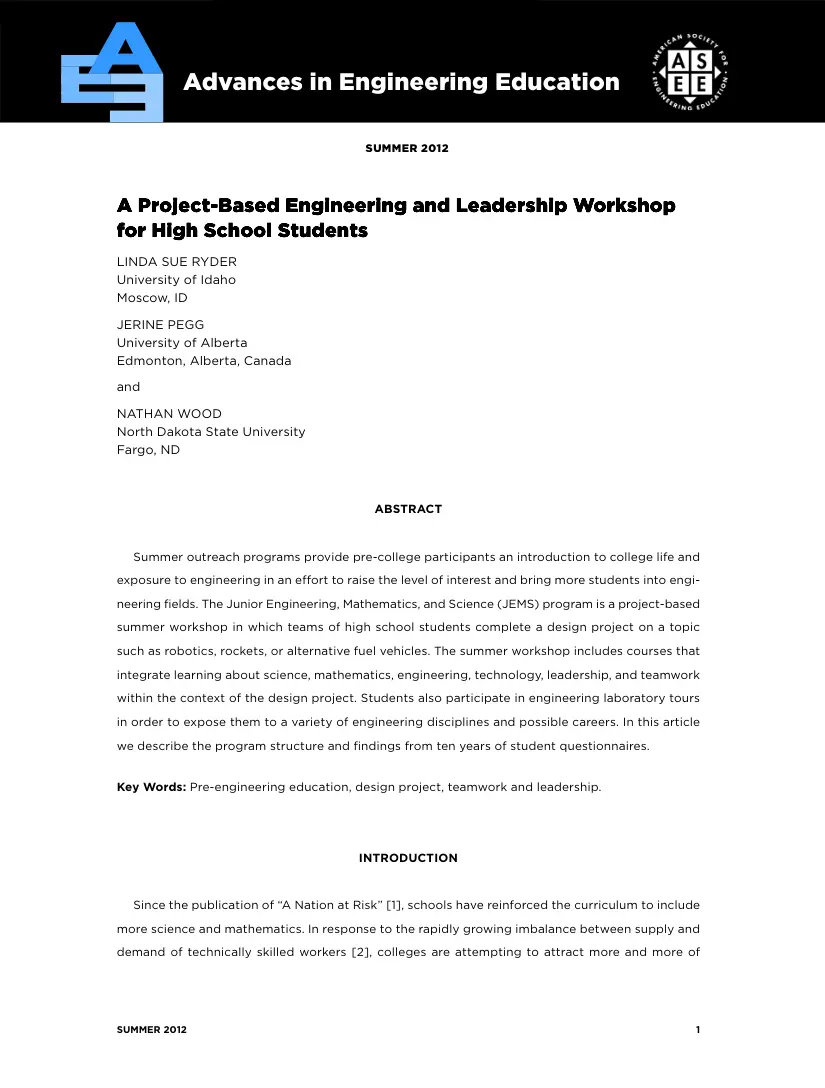 A Project-Based Engineering and Leadership Workshop for High School Students