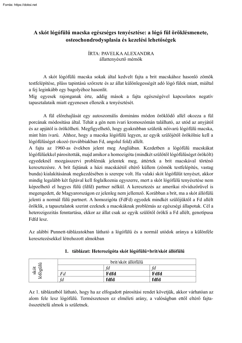 Pavelka Alexandra - A skót lógófülű macska egészséges tenyésztése, a lógó fül
