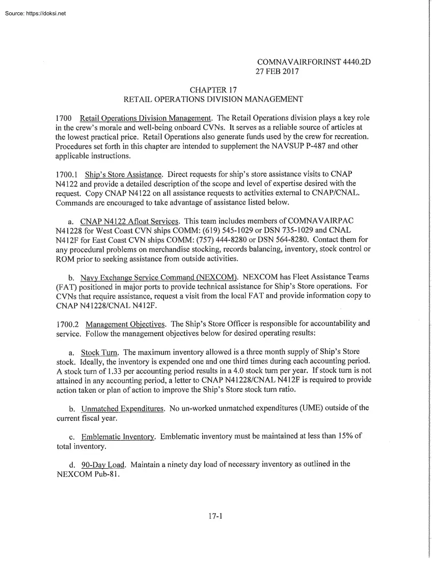 COMNAVAIRFORINST 4440.2D, Chapter 17, Retail Operations Division Management