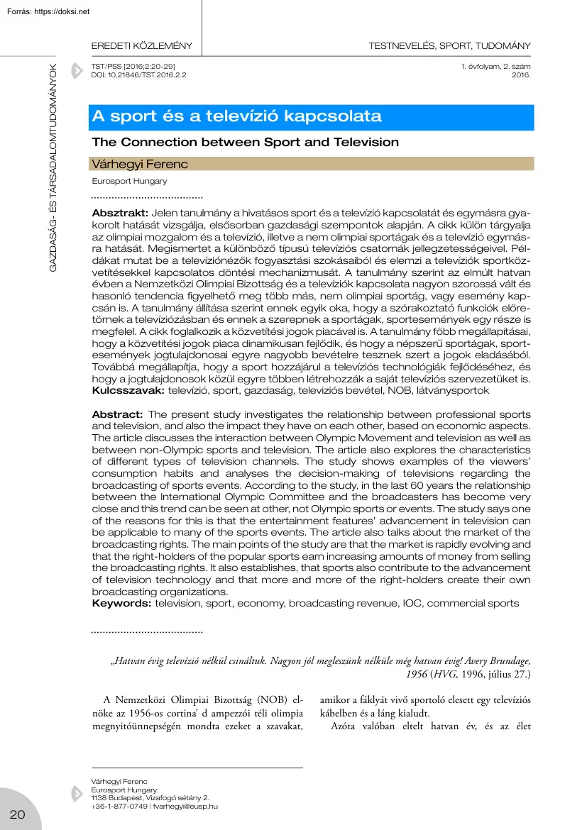 Várhegyi Ferenc - A sport és a televízió kapcsolata