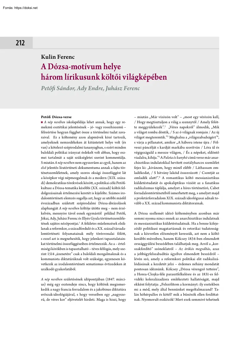 Kulin Ferenc - A Dózsa-motívum helye három lírikusunk költői világképében, Petőfi