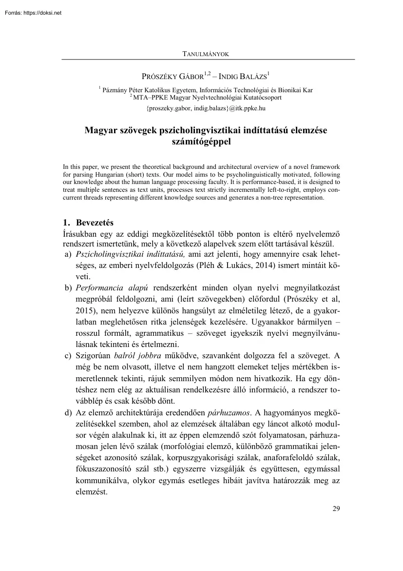 Prószékí-Indig - Magyar szövegek pszicholingvisztikai indíttatású elemzése