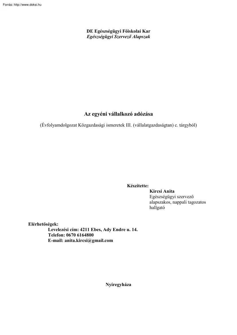 Kircsi Anita - Az egyéni vállalkozó adózása