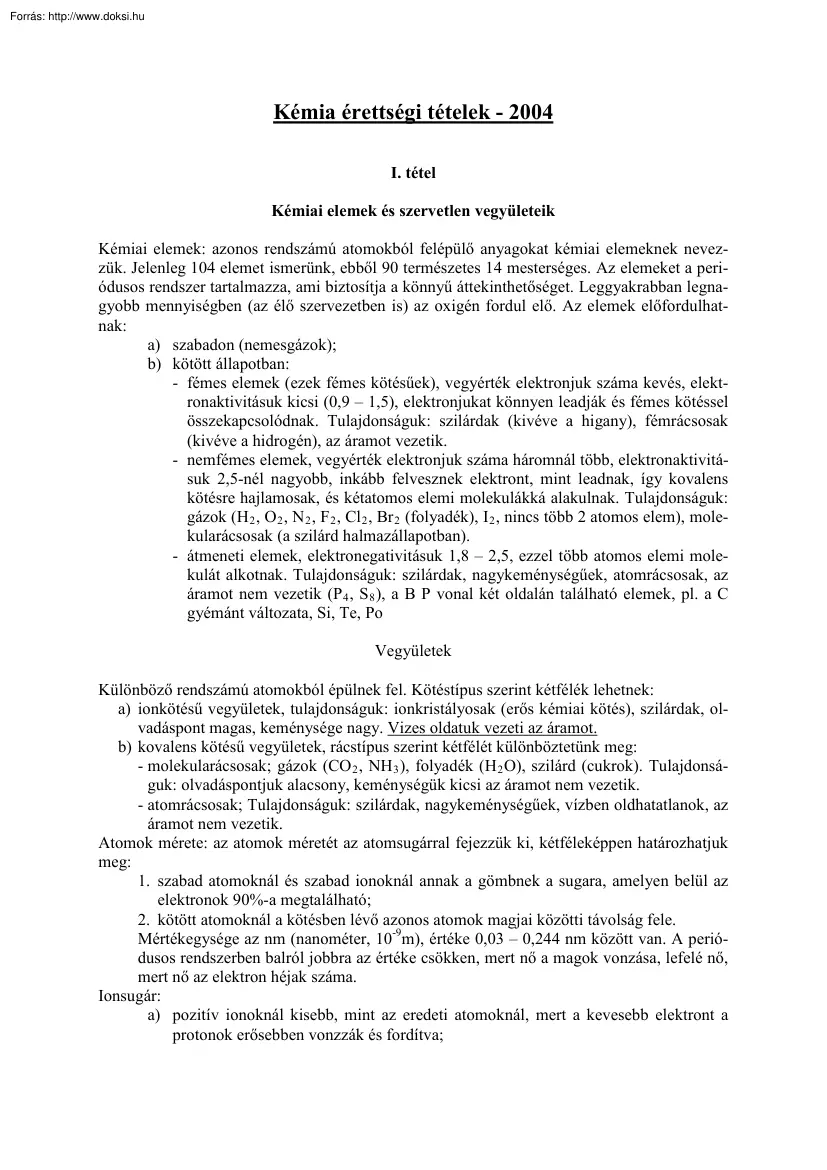 Kémia érettségi tételek, 2004