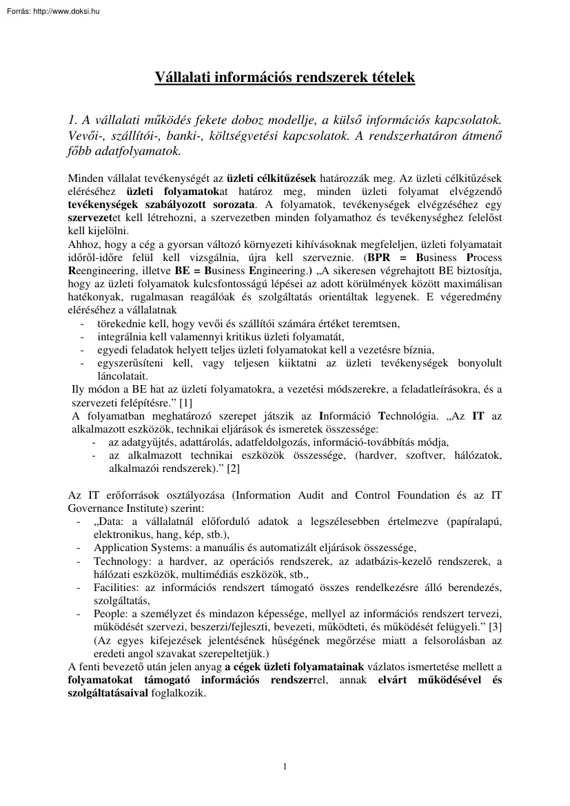 Vállalati információs rendszerek tételek