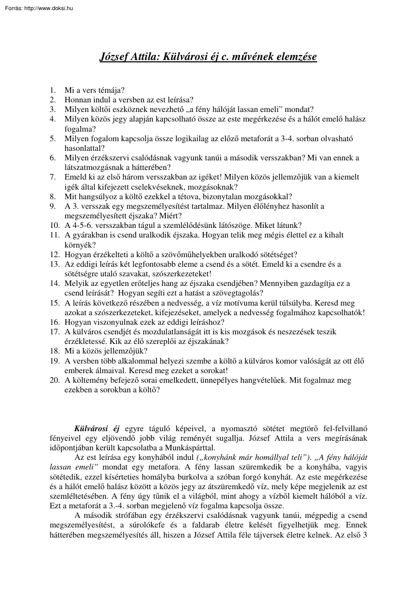 József Attila, Külvárosi éj című művének elemzése