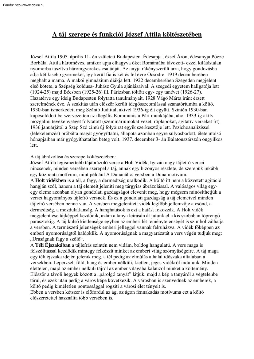 A táj szerepe és funkciói József Attila költészetében