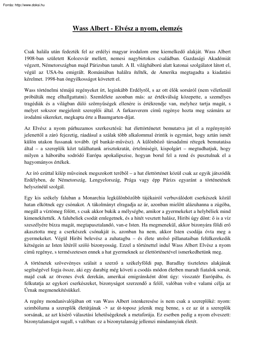 Wass Albert - Elvész a nyom, elemzés