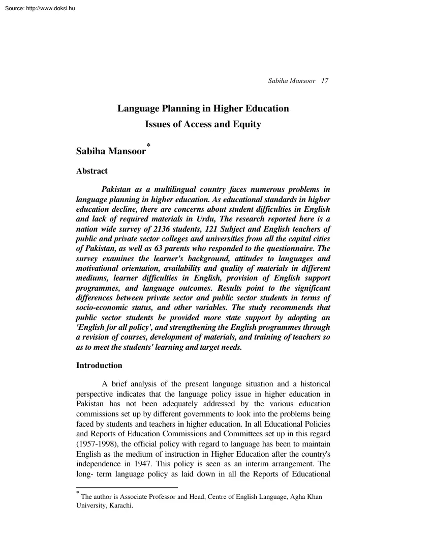 Sabiha Mansoor - Language planning in higher education issues of access and equity