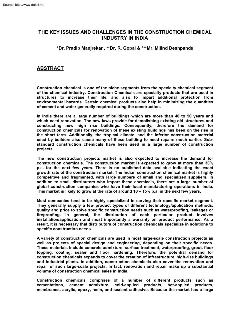 Dr. Pradip-Dr. R. Gopal - The Key Issues and Challanges in the Contructions Chemical Industry in