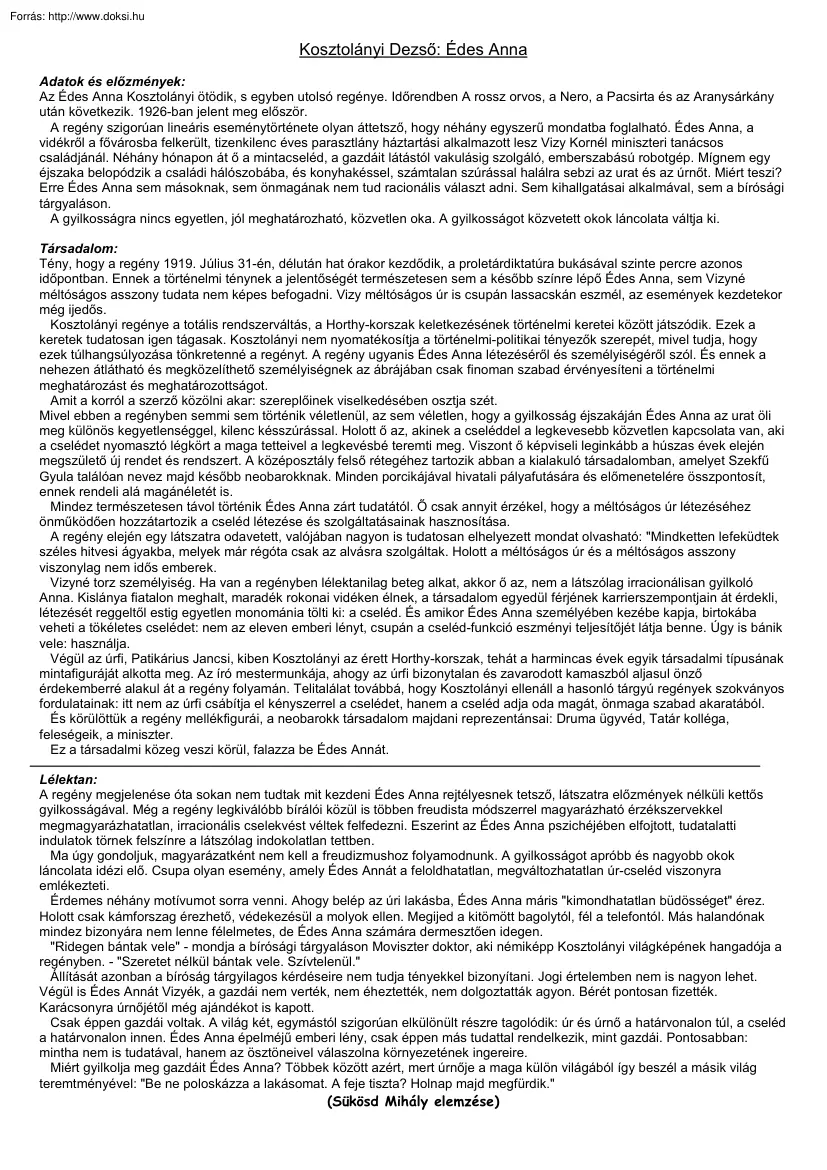 Fábián Zoltán - Kosztolányi Dezső Édes Anna című művének elemzése