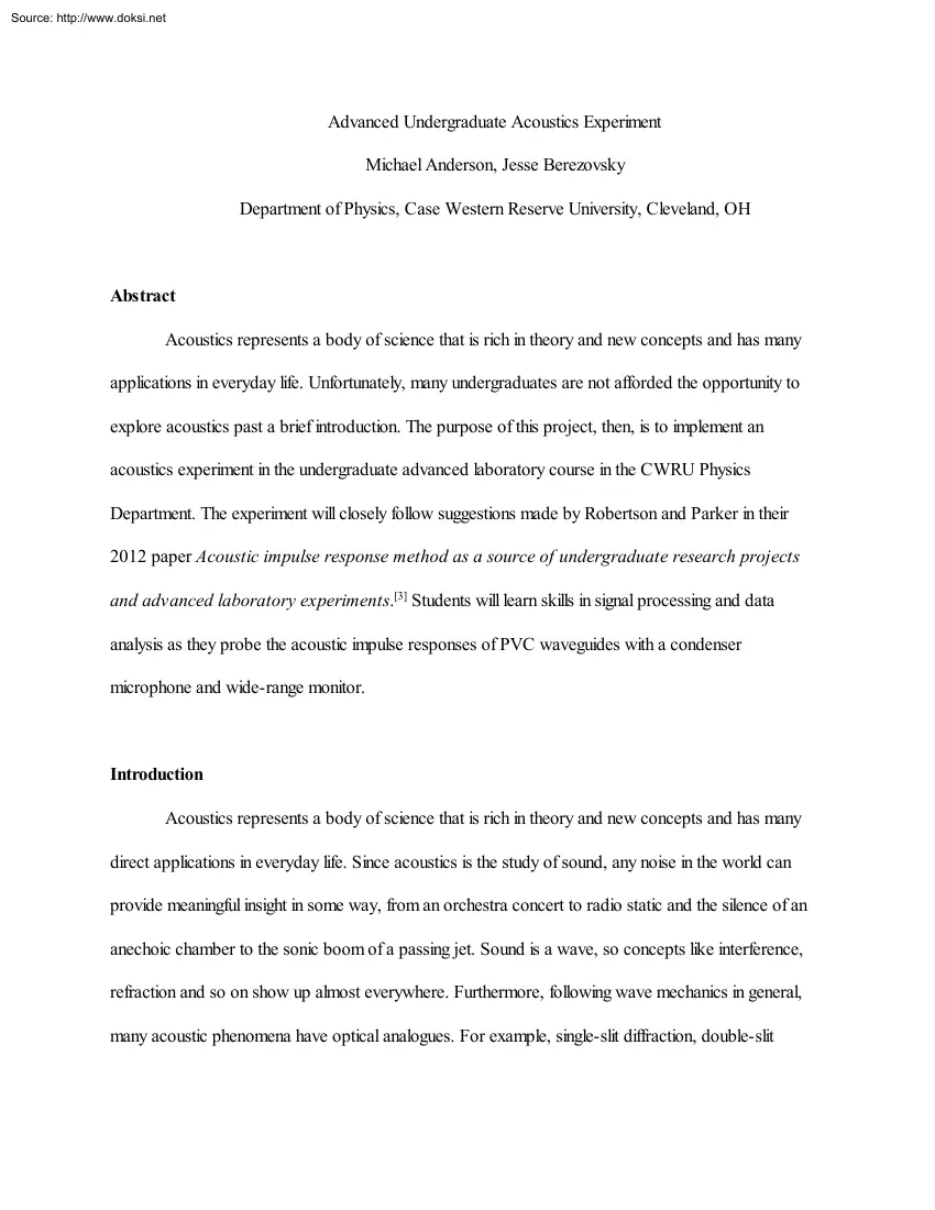Anderson-Berezovsky - Advanced Undergraduate Acoustics Experiment