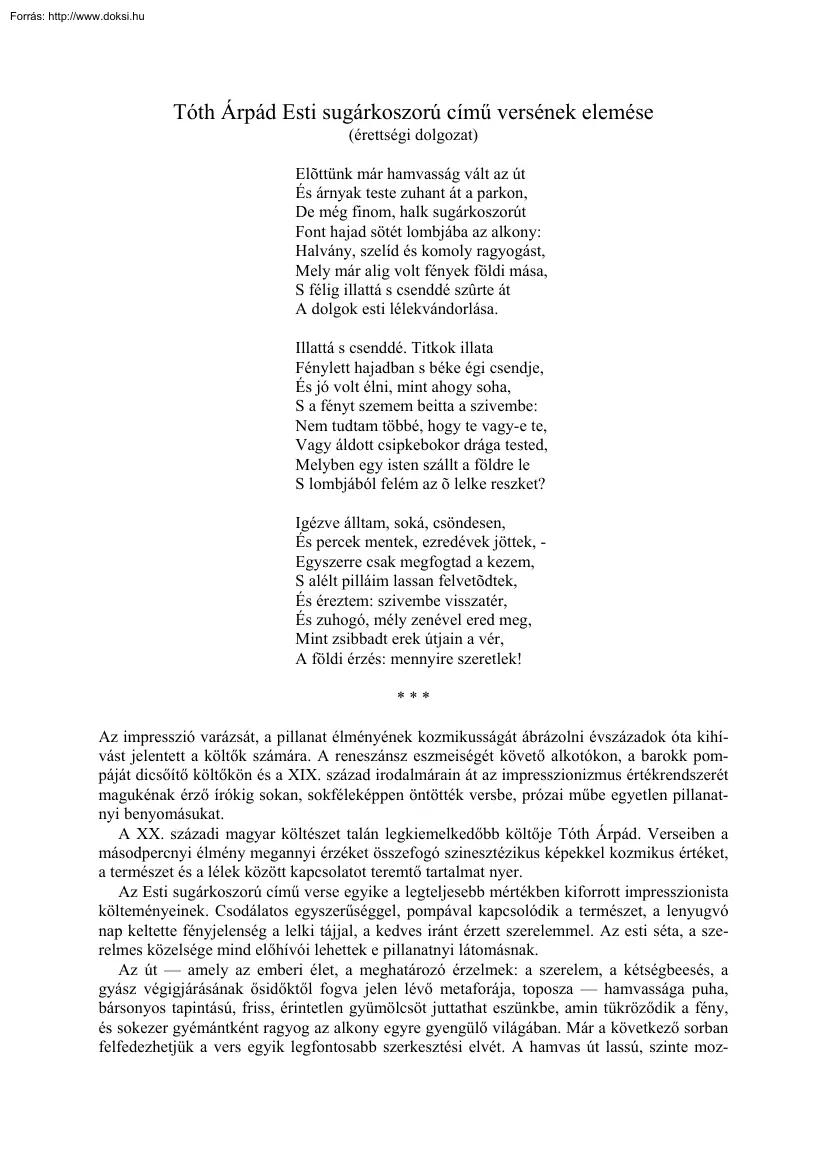 Tóth Árpád Esti sugárkoszorú című versének elemzése