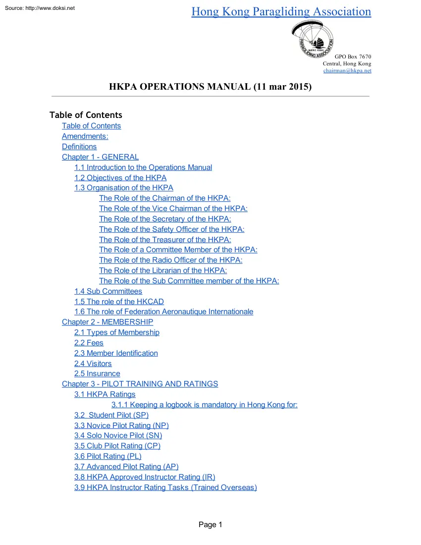 HKPA Operations Manual, Hong Kong Paragliding Association
