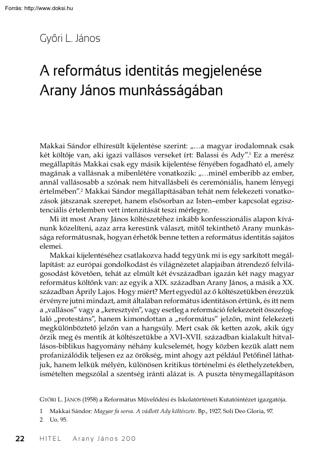 Győri L. János - A református identitás megjelenése Arany János munkásságában