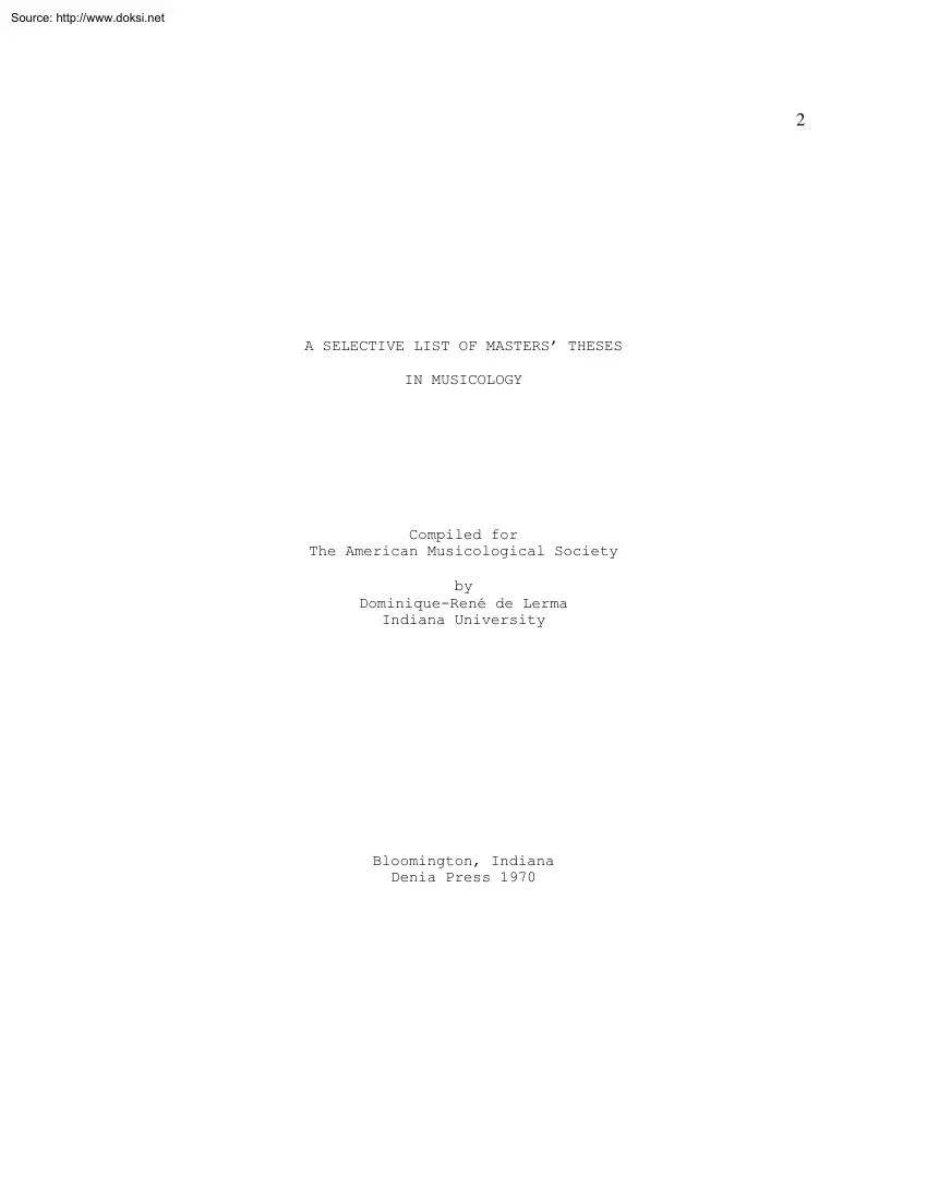 Dominique-Rene De Lerma - A Selective List of Masters Theses in Musicology