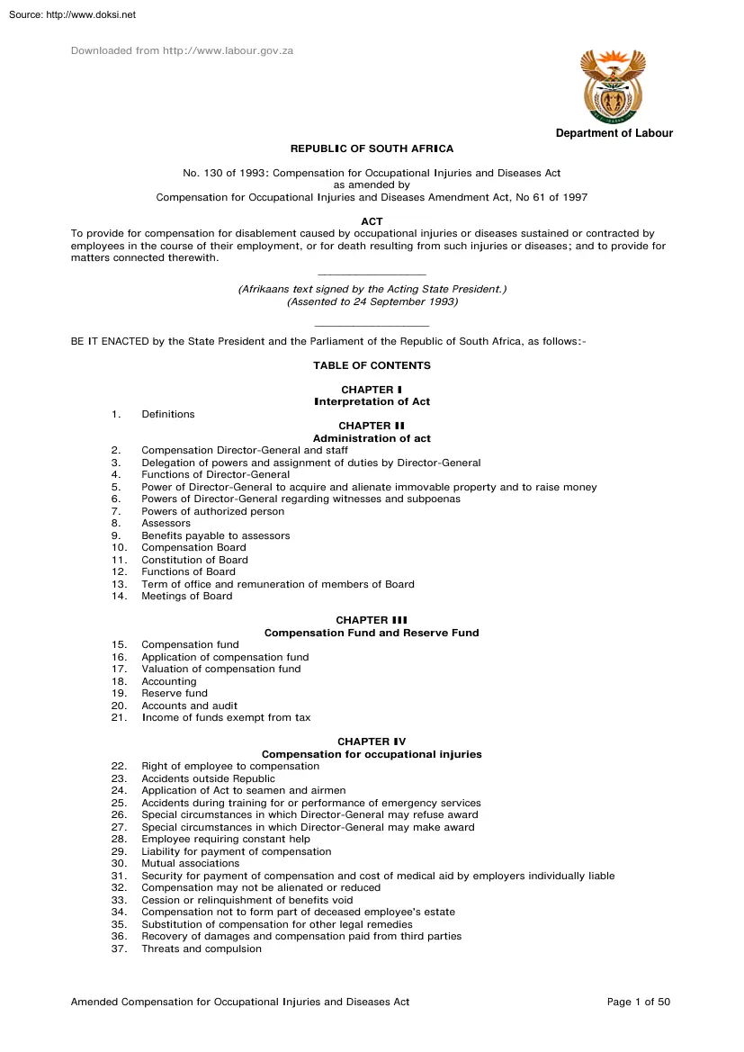 Compensation for Occupational Injuries and Diseases Act, Republic of South Africa