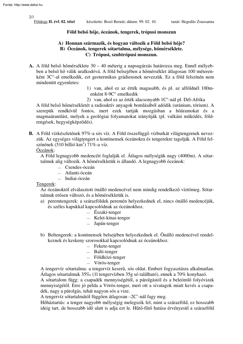 Bozó Bernát - A Föld belső hője, óceánok, tengerek, trópusi monszun