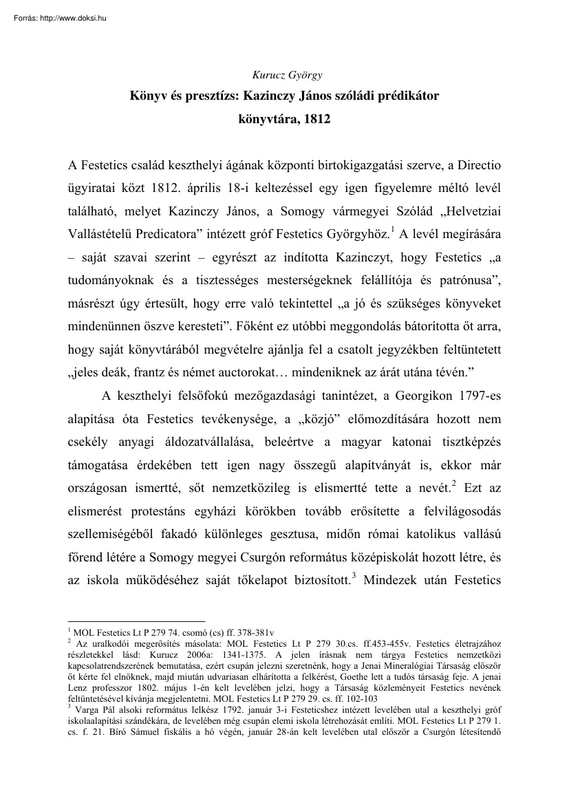 Kurucz György - Kazinczy János, szóládi prédikátor könyvtára, 1812