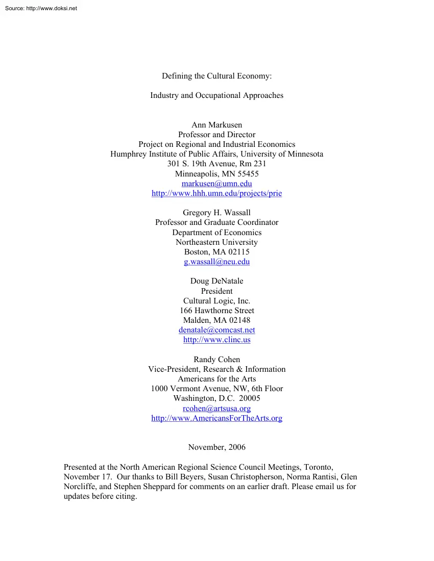 Ann Markusen - Defining the Cultural Economy, Industry and Occupational Approaches