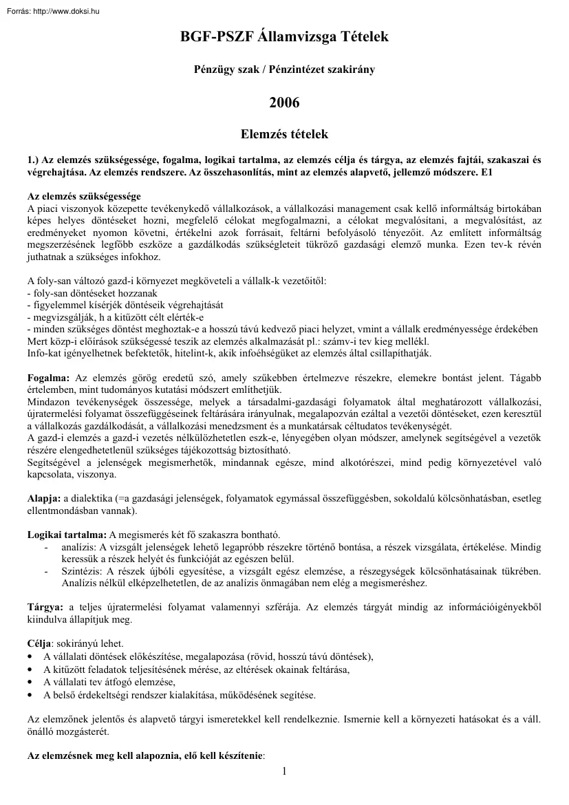 PSZF Államvizsga tételek - Pénzintézet szakirány, 2006