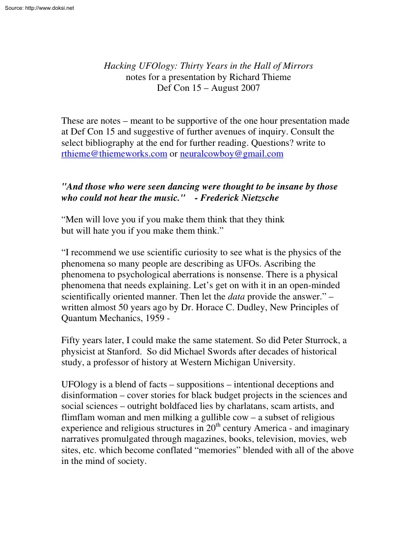 Richard Thieme - Hacking UFOlogy, Thirty Years in the Hall of Mirrors Notes for a Presentation