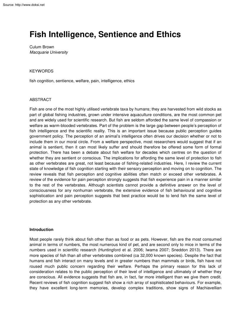 Culum Brown - Fish Intelligence, Sentience and Ethics