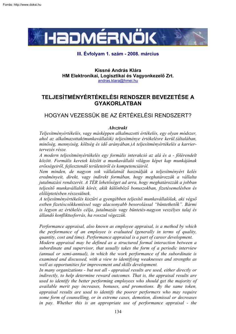 Kissné András Klára - Teljesítményértékelési rendszer beveztése a gyakorlatban