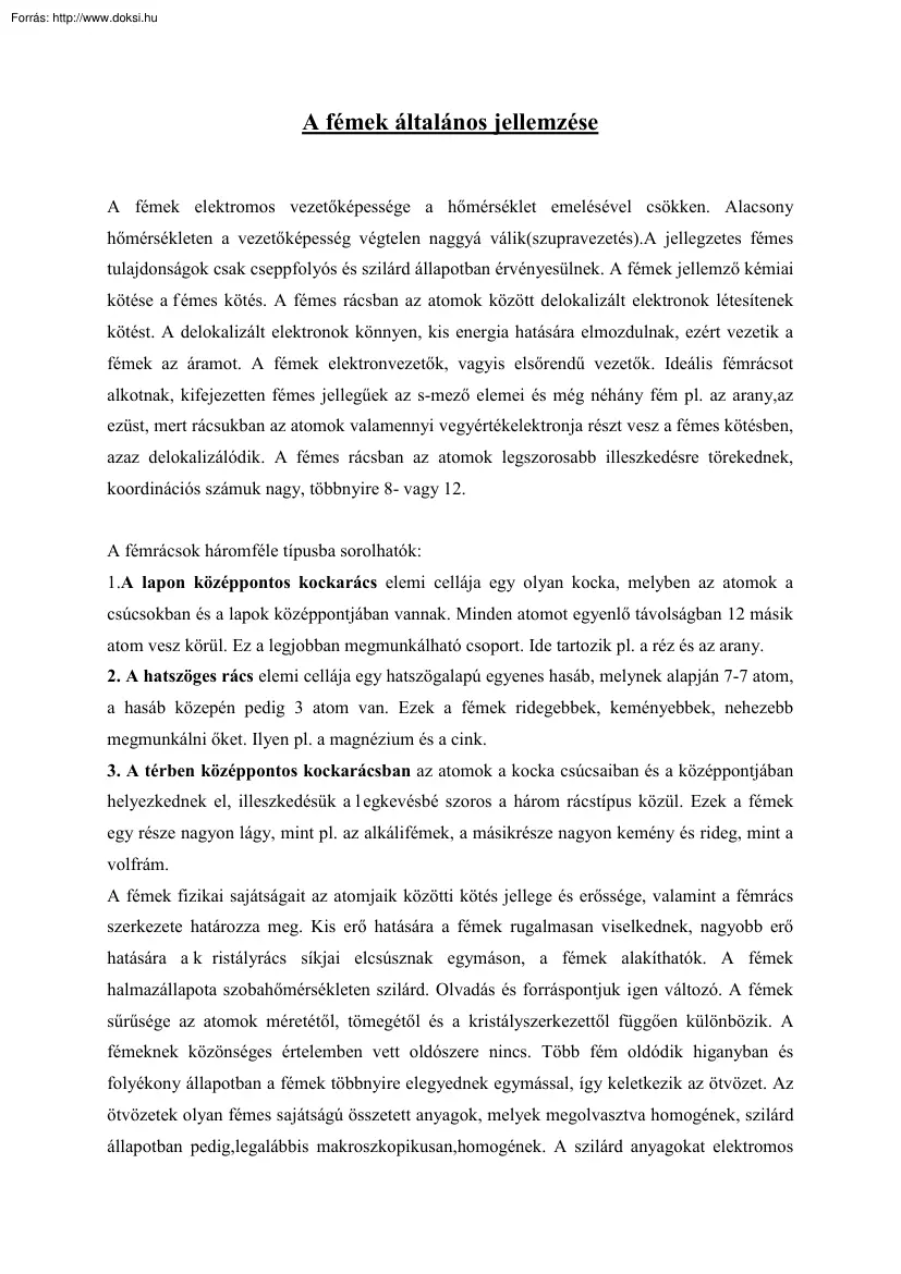 A fémek általános jellemzése
