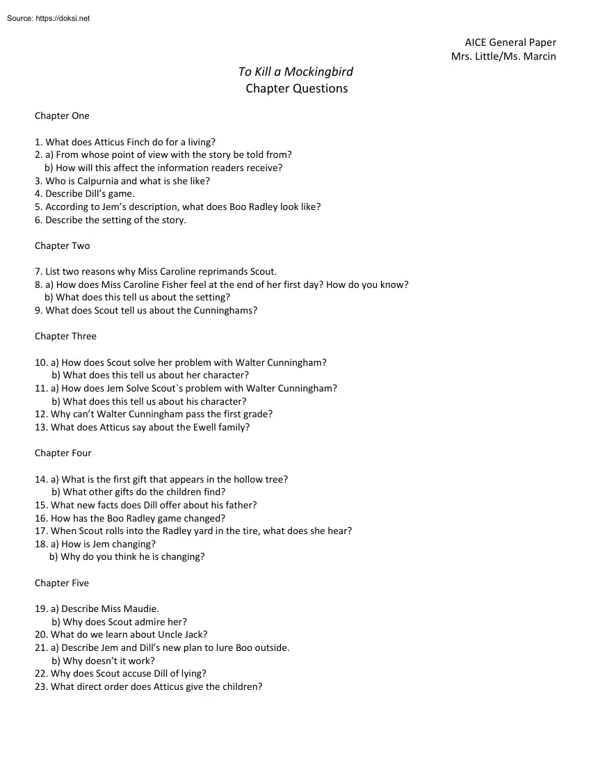 Little-Marcin - To Kill a Mockingbird Chapter Questions