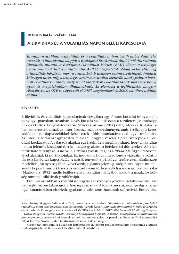 Meggyes-Váradi - A likviditás és a volatilitás napon belüli kapcsolata