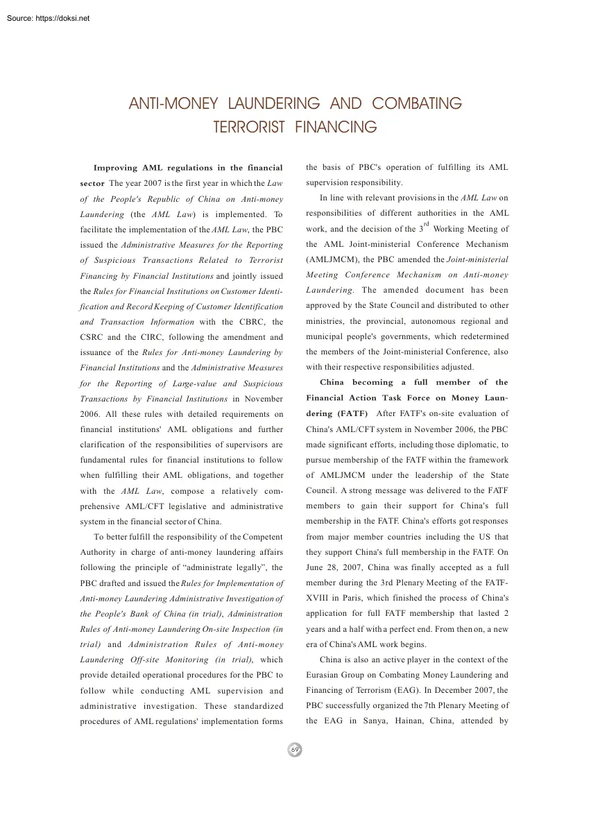 Anti-money Laundering and Combatting Terrorist Financing