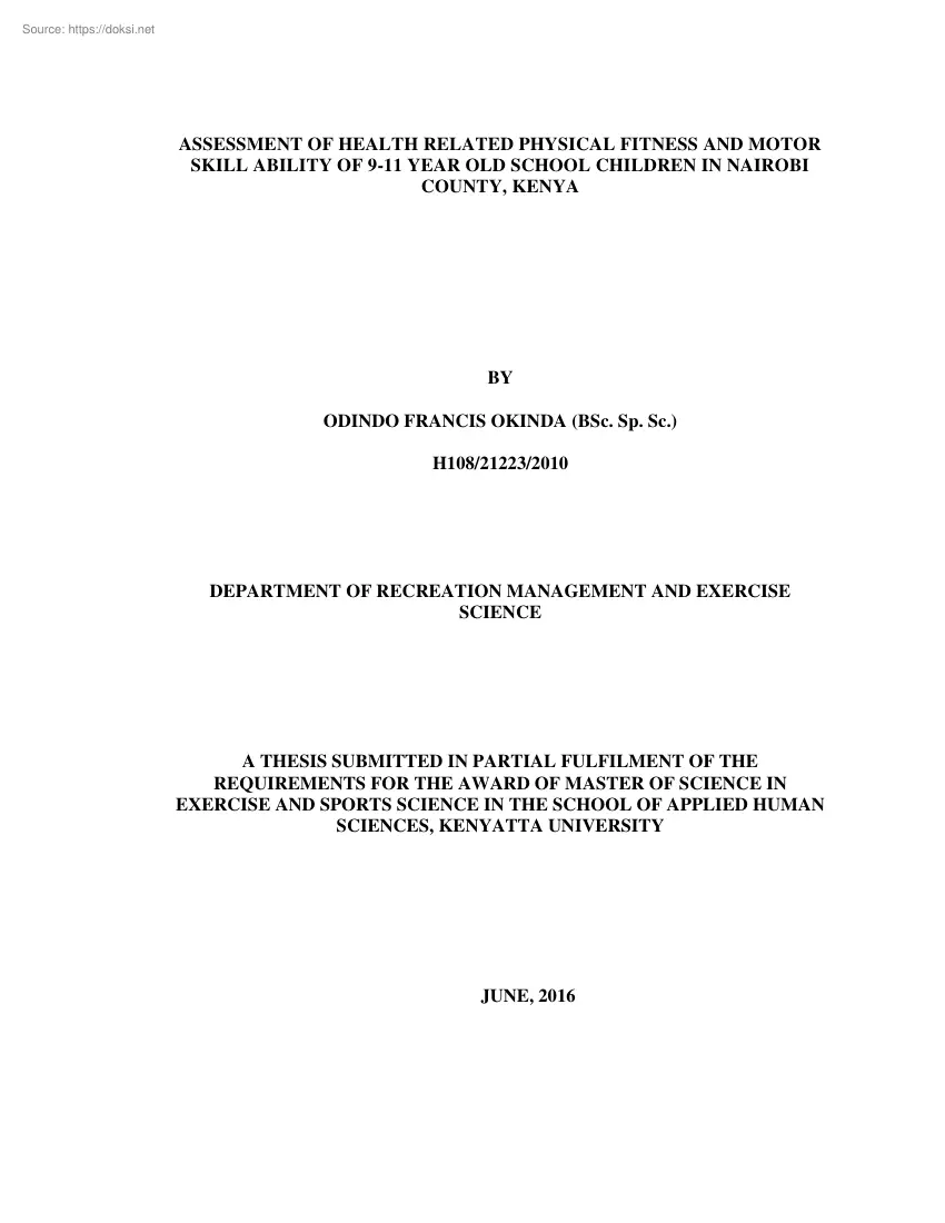 Odindo Francis Okinda - Assessment of health related physical fitness and motor skill ability of