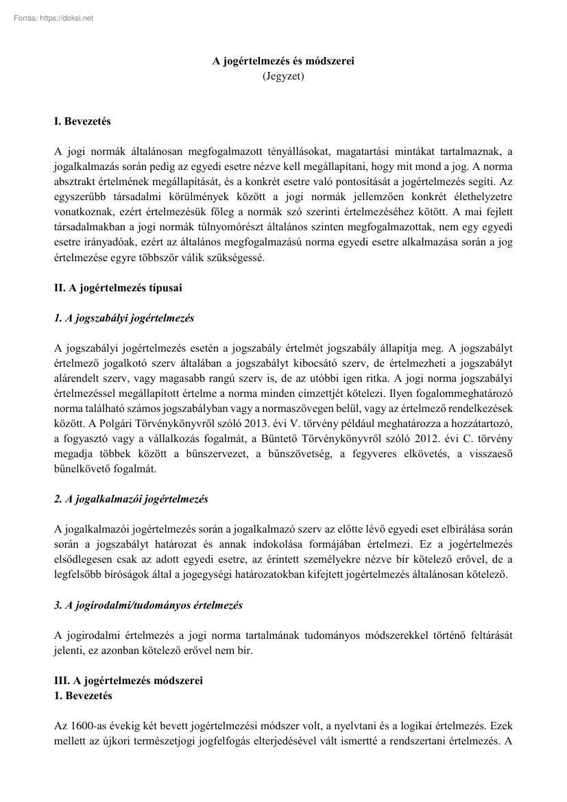 A jogértelmezés és módszerei, jegyzet