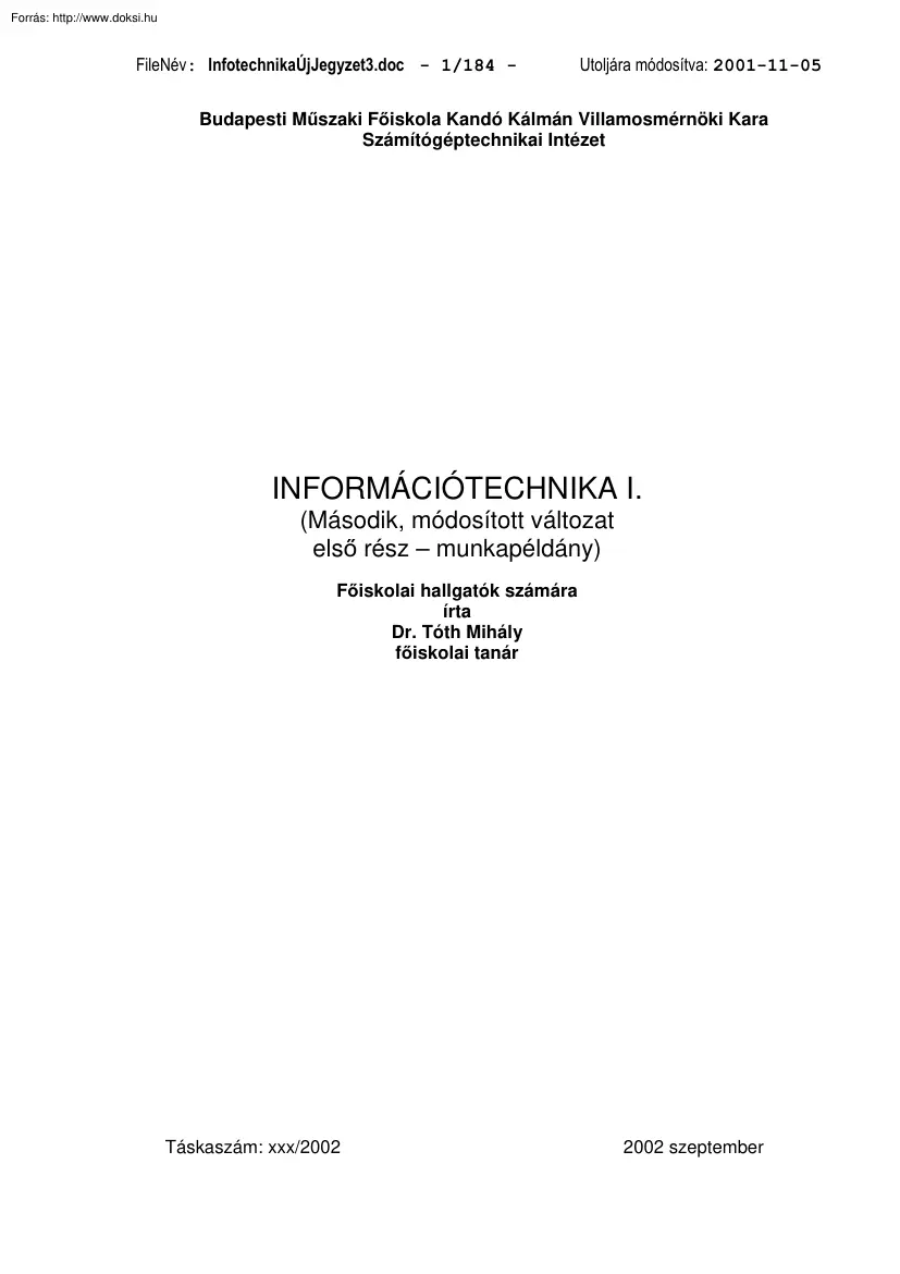 Dr. Tóth Mihály - Információtechnika I